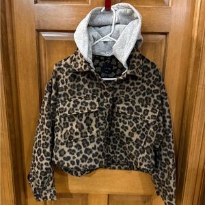 Love Tree Leopard Print Teddy Jacket with detachable grey hood - Large
